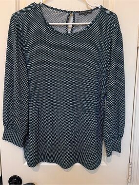 Adrianna Papell Dark Green and White Polka Dot Blouse with Keyhole Back